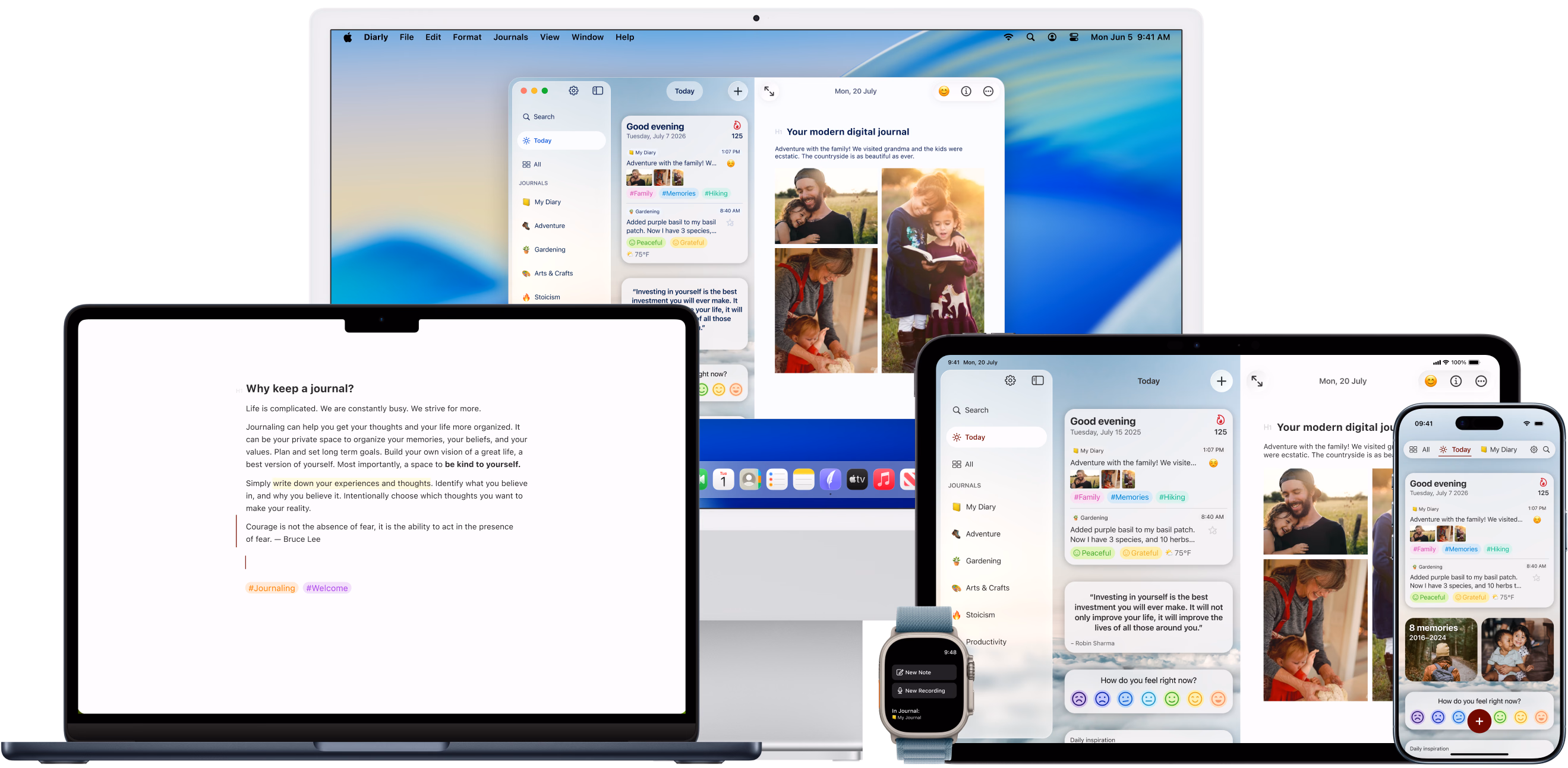 One Diarly journal kept in sync across Mac, iPad, iPhone and Apple Watch